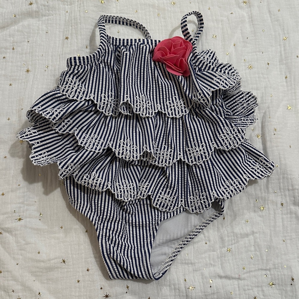 Little Me Navy and White Striped Ruffle Swimsuit with Pink Flower